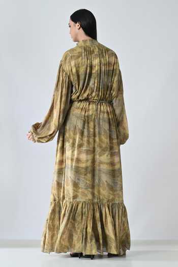 Shop_Samant Chauhan_Olive Green Cotton High Neck Tie Dye Dress _at_Aza_Fashions