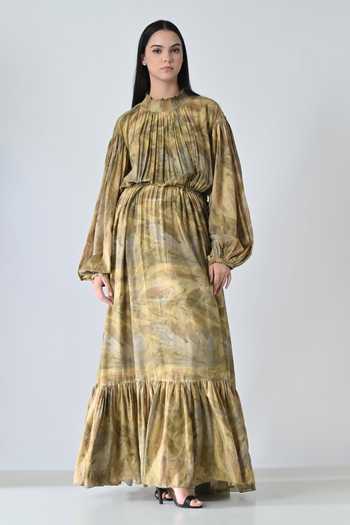 Buy_Samant Chauhan_Olive Green Cotton High Neck Tie Dye Dress _at_Aza_Fashions