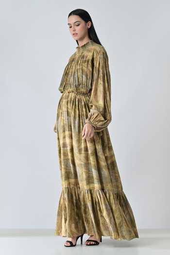 Samant Chauhan_Olive Green Cotton High Neck Tie Dye Dress _Online_at_Aza_Fashions