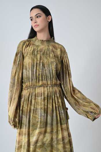 Shop_Samant Chauhan_Olive Green Cotton High Neck Tie Dye Dress _Online_at_Aza_Fashions