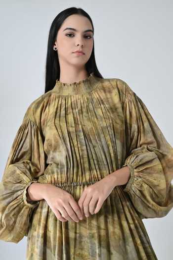 Samant Chauhan_Olive Green Cotton High Neck Tie Dye Dress _at_Aza_Fashions