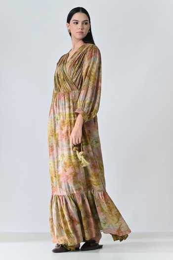 Samant Chauhan_Beige Cotton V-neck Abstract Print Dress _Online_at_Aza_Fashions