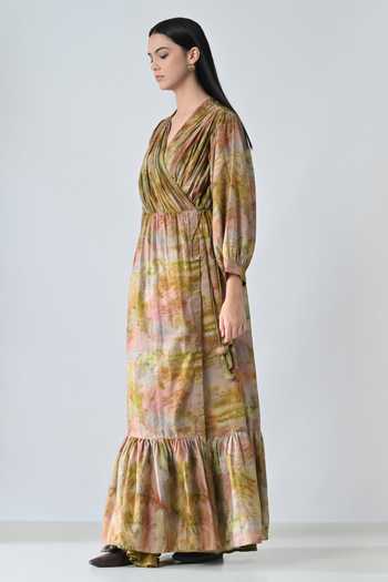 Buy_Samant Chauhan_Beige Cotton V-neck Abstract Print Dress _Online_at_Aza_Fashions