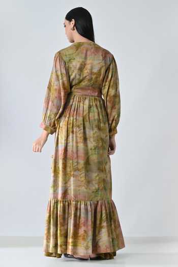 Shop_Samant Chauhan_Beige Cotton V-neck Abstract Print Dress _at_Aza_Fashions