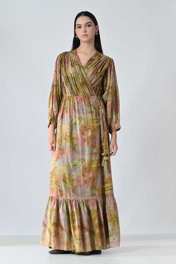 Buy_Samant Chauhan_Beige Cotton V-neck Abstract Print Dress _at_Aza_Fashions