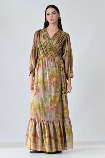 Shop_Samant Chauhan_Beige Cotton V-neck Abstract Print Dress _Online_at_Aza_Fashions