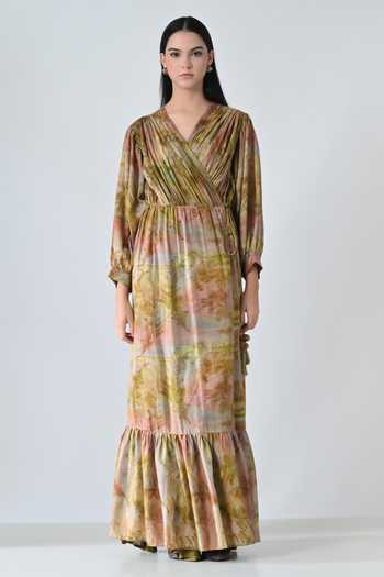 Samant Chauhan_Beige Cotton V-neck Abstract Print Dress _at_Aza_Fashions