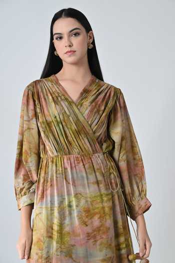 Buy_Samant Chauhan_Beige Cotton V-neck Abstract Print Dress 