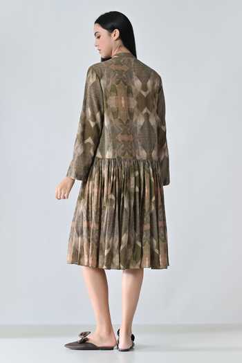 Shop_Samant Chauhan_Beige Cotton Mandarin Collar Abstract Printed Pleated Dress _at_Aza_Fashions