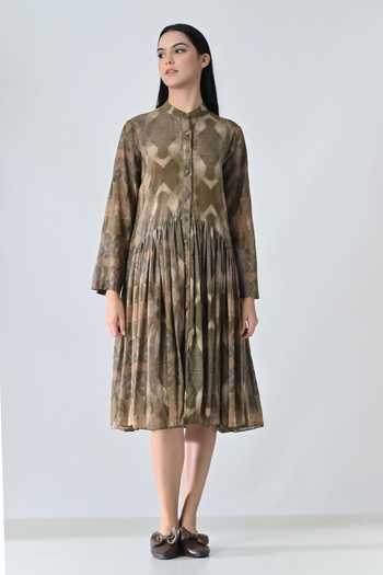 Buy_Samant Chauhan_Beige Cotton Mandarin Collar Abstract Printed Pleated Dress _Online_at_Aza_Fashions