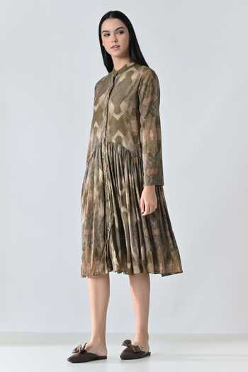 Shop_Samant Chauhan_Beige Cotton Mandarin Collar Abstract Printed Pleated Dress _Online_at_Aza_Fashions