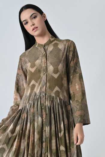 Samant Chauhan_Beige Cotton Mandarin Collar Abstract Printed Pleated Dress _at_Aza_Fashions