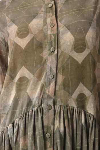 Buy_Samant Chauhan_Beige Cotton Mandarin Collar Abstract Printed Pleated Dress 