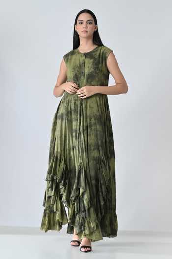 Buy_Samant Chauhan_Olive Green Cotton Round Neck Garden Print Layered Dress _at_Aza_Fashions