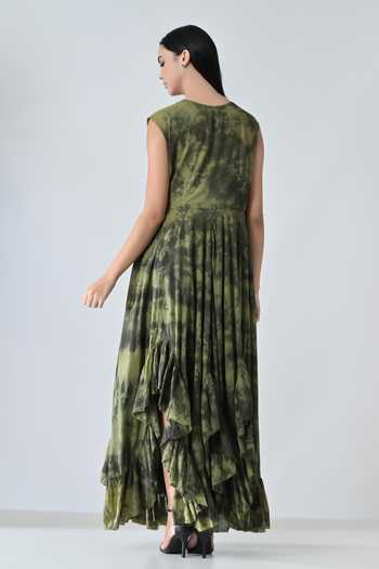 Shop_Samant Chauhan_Olive Green Cotton Round Neck Garden Print Layered Dress _at_Aza_Fashions