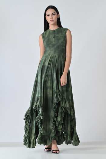Buy_Samant Chauhan_Olive Green Cotton Round Neck Forest Print Dress _at_Aza_Fashions