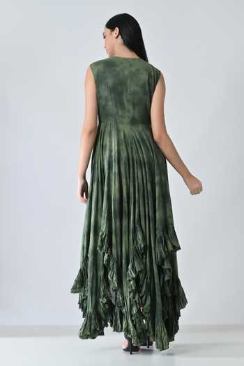Shop_Samant Chauhan_Olive Green Cotton Round Neck Forest Print Dress _at_Aza_Fashions