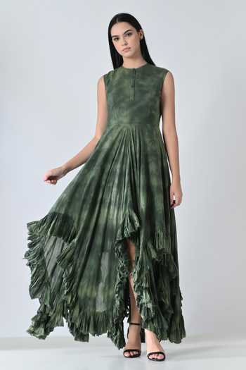 Samant Chauhan_Olive Green Cotton Round Neck Forest Print Dress _Online_at_Aza_Fashions