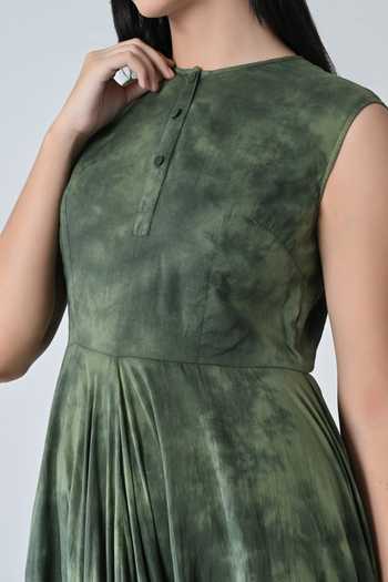 Buy_Samant Chauhan_Olive Green Cotton Round Neck Forest Print Dress _Online_at_Aza_Fashions