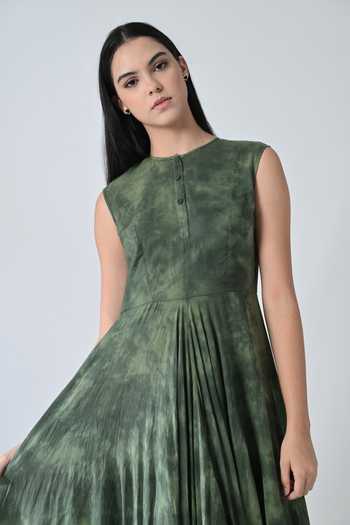 Shop_Samant Chauhan_Olive Green Cotton Round Neck Forest Print Dress _Online_at_Aza_Fashions
