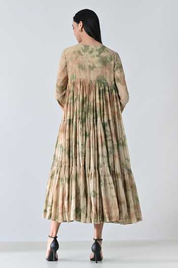 Shop_Samant Chauhan_Beige Cotton Round Neck Abstract Print Tiered Dress _at_Aza_Fashions