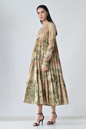 Samant Chauhan_Beige Cotton Round Neck Abstract Print Tiered Dress _Online_at_Aza_Fashions
