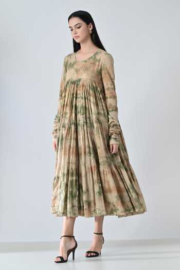 Buy_Samant Chauhan_Beige Cotton Round Neck Abstract Print Tiered Dress _Online_at_Aza_Fashions