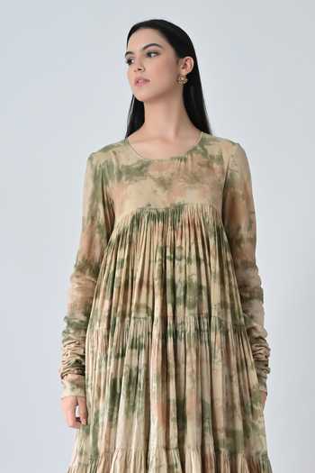 Shop_Samant Chauhan_Beige Cotton Round Neck Abstract Print Tiered Dress _Online_at_Aza_Fashions