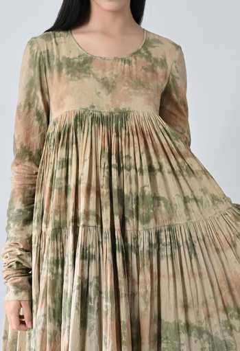 Samant Chauhan_Beige Cotton Round Neck Abstract Print Tiered Dress _at_Aza_Fashions
