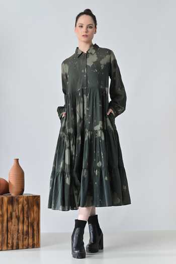 Buy_Samant Chauhan_Olive Green Cotton Collared Forest Print Tiered Dress _at_Aza_Fashions