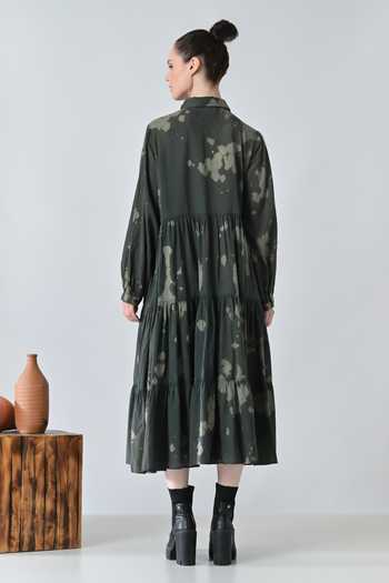 Shop_Samant Chauhan_Olive Green Cotton Collared Forest Print Tiered Dress _at_Aza_Fashions