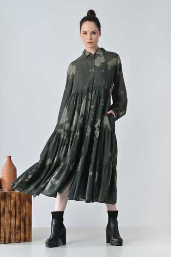 Samant Chauhan_Olive Green Cotton Collared Forest Print Tiered Dress _Online_at_Aza_Fashions