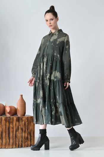 Buy_Samant Chauhan_Olive Green Cotton Collared Forest Print Tiered Dress _Online_at_Aza_Fashions