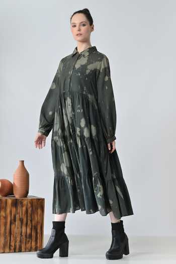 Shop_Samant Chauhan_Olive Green Cotton Collared Forest Print Tiered Dress _Online_at_Aza_Fashions
