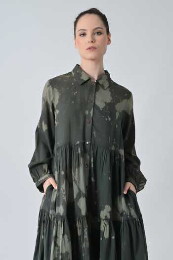 Samant Chauhan_Olive Green Cotton Collared Forest Print Tiered Dress _at_Aza_Fashions