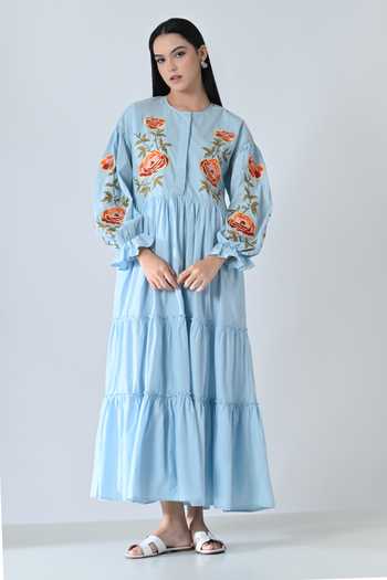 Buy_Samant Chauhan_Blue Cotton Embroidery Round Neck Tiered Dress _at_Aza_Fashions