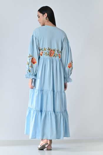 Shop_Samant Chauhan_Blue Cotton Embroidery Round Neck Tiered Dress _at_Aza_Fashions