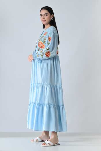 Samant Chauhan_Blue Cotton Embroidery Round Neck Tiered Dress _Online_at_Aza_Fashions