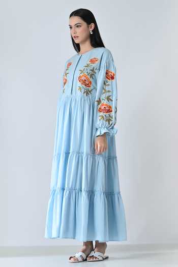 Buy_Samant Chauhan_Blue Cotton Embroidery Round Neck Tiered Dress _Online_at_Aza_Fashions