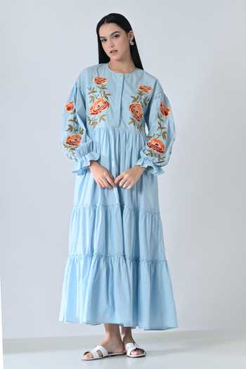 Shop_Samant Chauhan_Blue Cotton Embroidery Round Neck Tiered Dress _Online_at_Aza_Fashions