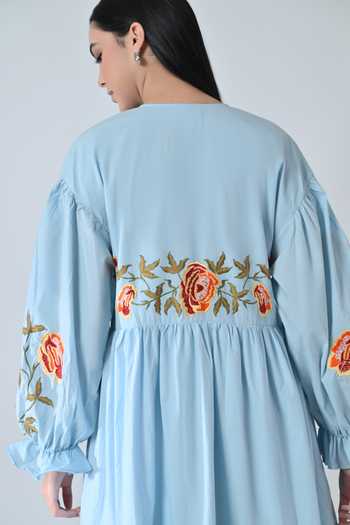 Samant Chauhan_Blue Cotton Embroidery Round Neck Tiered Dress _at_Aza_Fashions