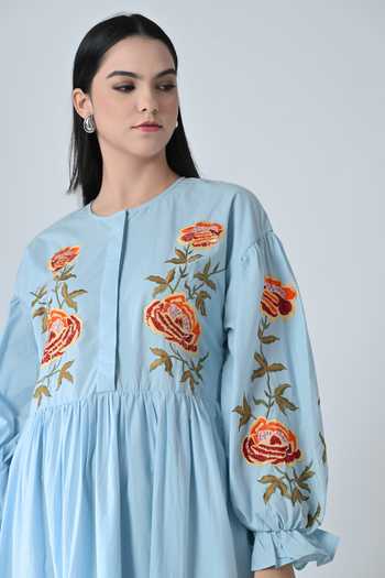 Buy_Samant Chauhan_Blue Cotton Embroidery Round Neck Tiered Dress 
