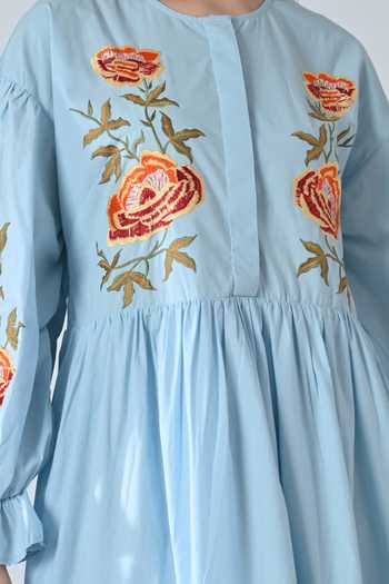 Shop_Samant Chauhan_Blue Cotton Embroidery Round Neck Tiered Dress 
