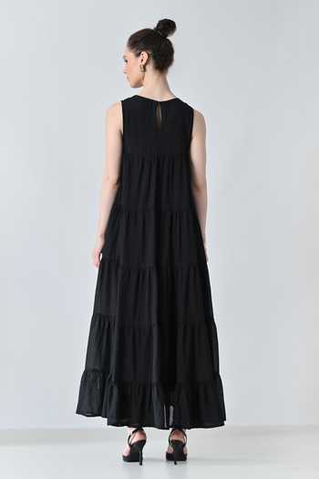 Shop_Samant Chauhan_Black Silk, Cotton Embroidery Round Neck Floral Dress _at_Aza_Fashions