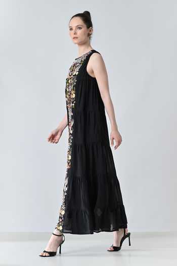 Shop_Samant Chauhan_Black Silk, Cotton Embroidery Round Neck Floral Dress _Online_at_Aza_Fashions