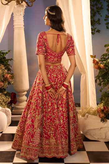 Shop_Azeera_Pink Silk, Net Embroidery, Metallic Thread Leaf Neck Floral Bridal Lehenga Set _at_Aza_Fashions