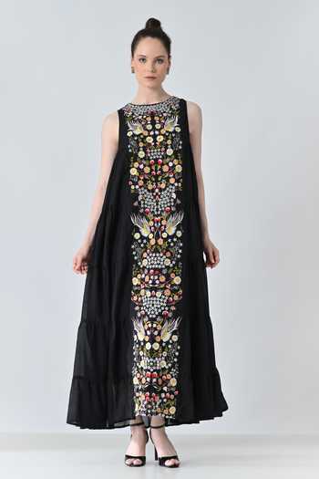 Samant Chauhan_Black Silk, Cotton Embroidery Round Neck Floral Dress _at_Aza_Fashions