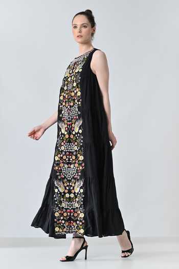 Buy_Samant Chauhan_Black Silk, Cotton Embroidery Round Neck Floral Dress 