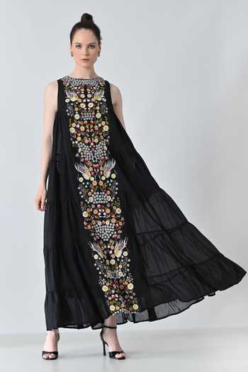 Shop_Samant Chauhan_Black Silk, Cotton Embroidery Round Neck Floral Dress 