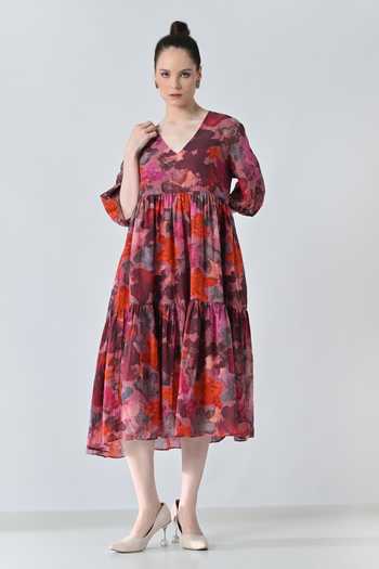 Samant Chauhan_Red Cotton, Viscose V-neck Bloom Print Tiered Dress _Online_at_Aza_Fashions